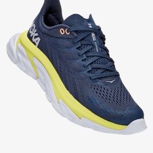 new women's size 9.5 hoka clifton edge running shoes navy/yellow